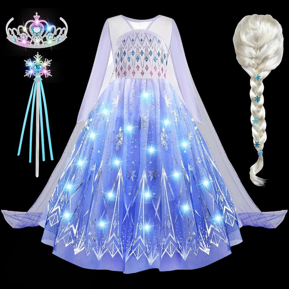 G.C LED Leuchtend Prinzessin Kleid Mädchen mit Perücke Krone Zauberstab Prinzessin Kostüm Verkleidung Geburtstag Weihnachten Fasching Karneval Halloween Kostüm für Kinder