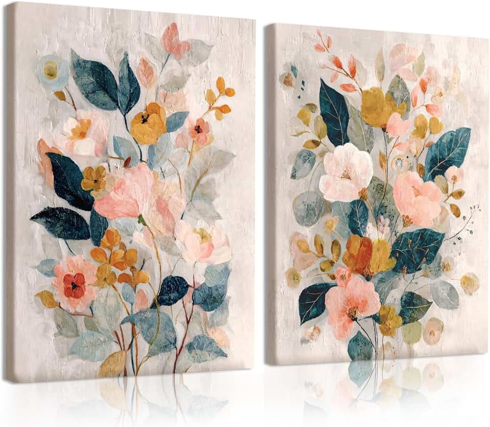 RUMSICH 2 Pcs Watercolor Floral Canvas Wall Art 16x24 Inch Framing