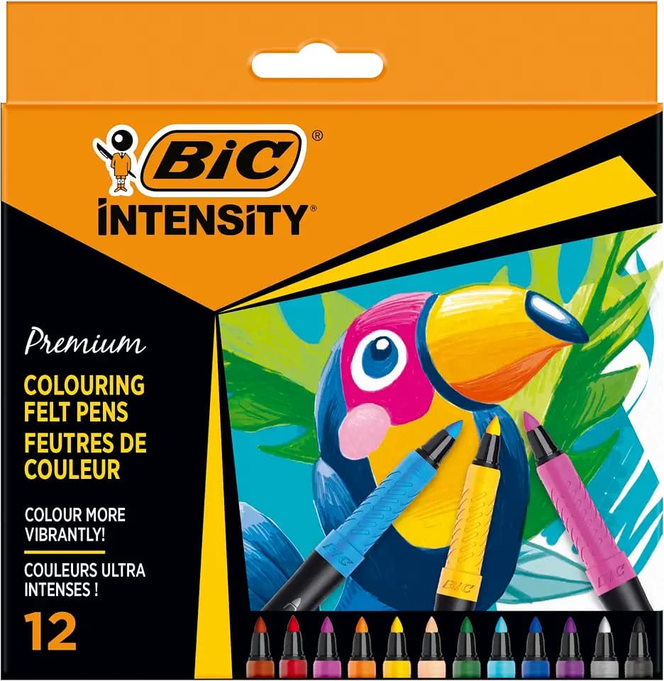 BIC Intensity Premium Filzstifte, zum Malen für Erwachsene und Kinder, in 12 Farben, mit komfortablem Kautschukgriff und stabiler Spitze