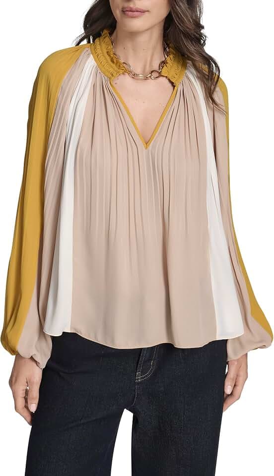 BCBG Women's Long Sleeve Pleated Stripe Blouse