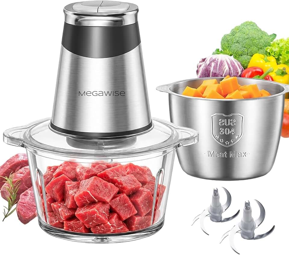 MEGAWISE Electric Food Processor, 800W Meat Grinder & Vegetable Chopper - 2 Bowls (3L Stainless Steel + 3L Glass) with 4 Blades, Dual-Speed Food Chopper for Meat, Fruits, Vegetables, and Nuts