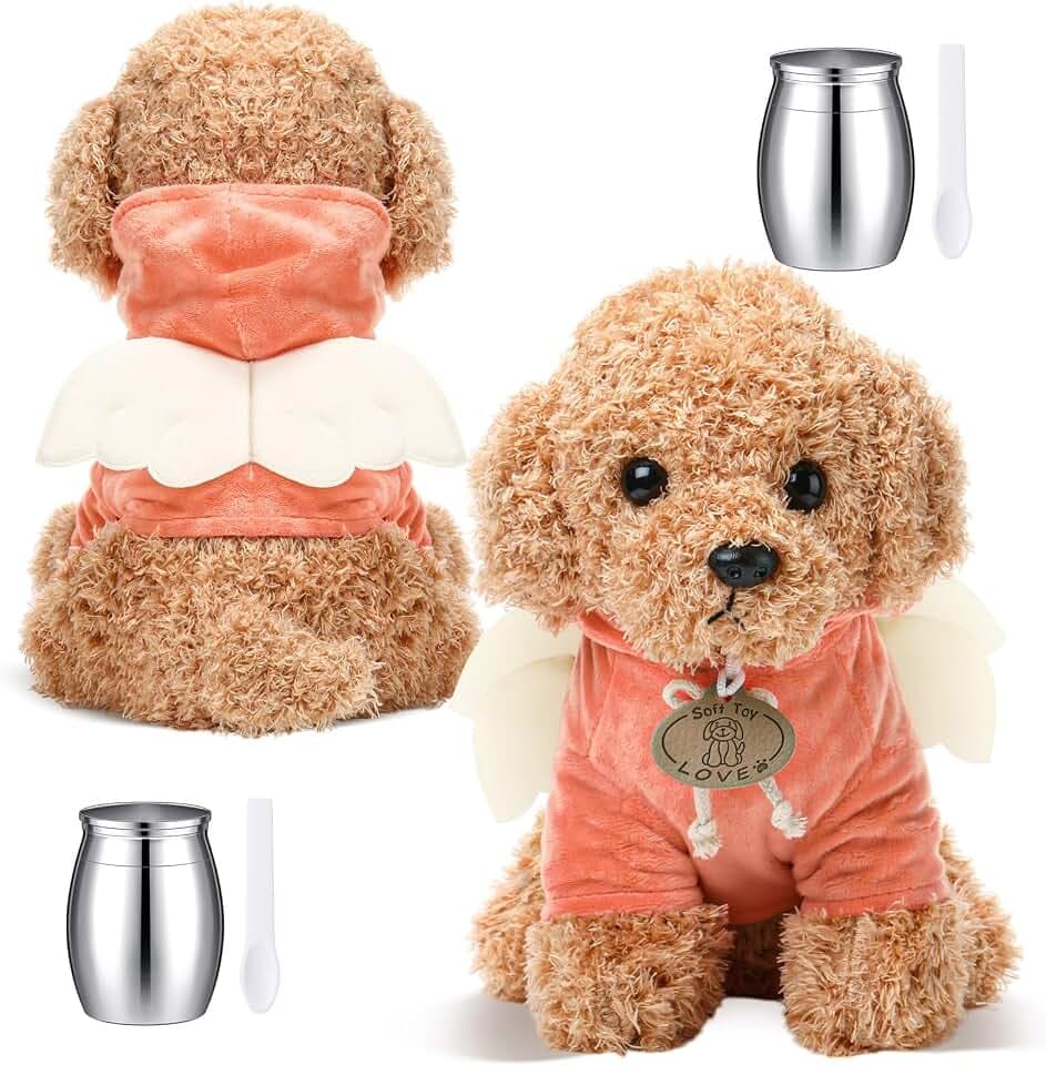 Shappy 2 Set Angel Dog Stuffed Animal Urn for Ashes, Spoon, Cream-Coloured