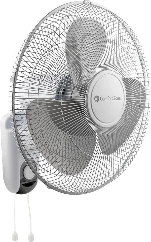 Comfort Zone Oscillating Wall Mount Fan with Adjustable Tilt, 16 inch, 3 Speed, Metal Grille, 90 Degree Oscillation, Airflow 14.07 ft/sec, Ideal for Home, Bedroom, Gym & Office, CZ16W