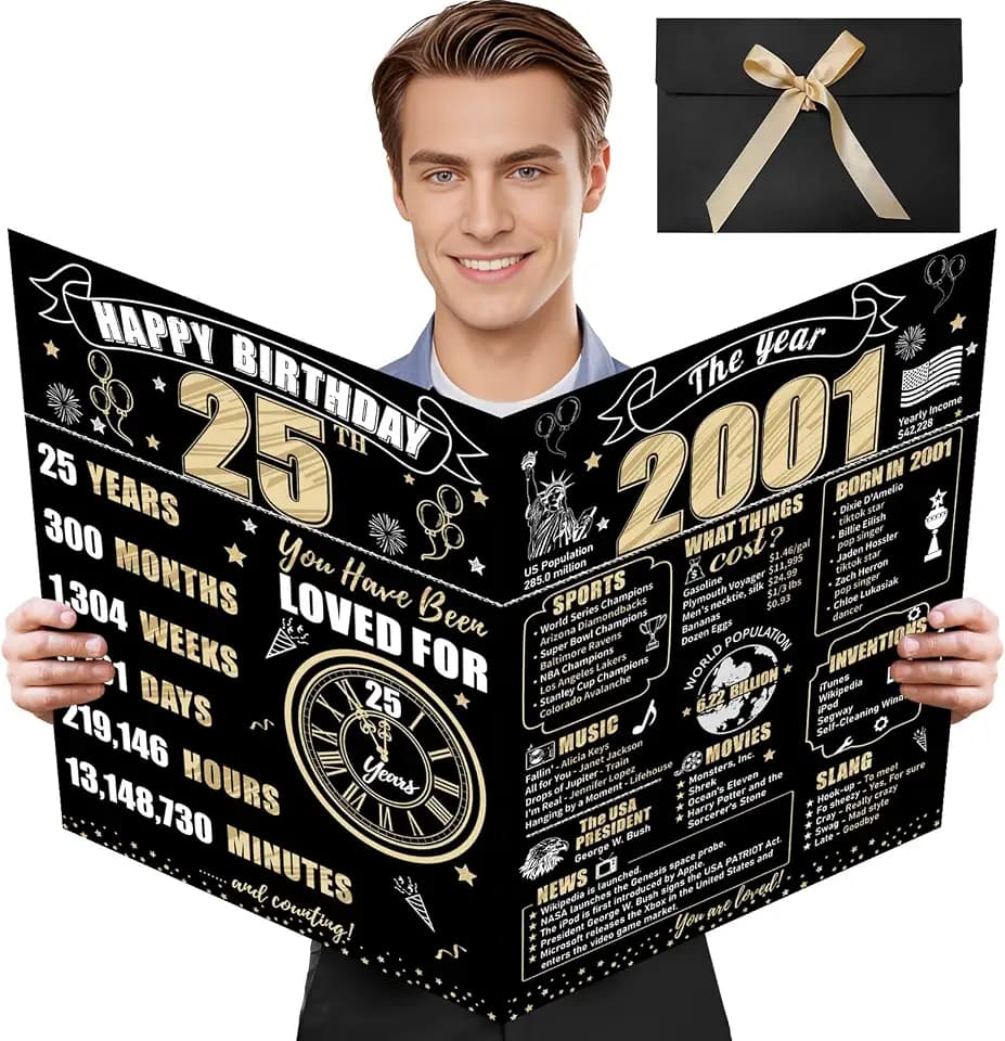 Turypaty Large 25th Birthday Card With Envelope for Men Women, 2001 Black Gold Happy 25th Birthday Giant Guest Signature Book Gifts, Big Vintage 2001 25 Greeting Card Decoration Party Supplies
