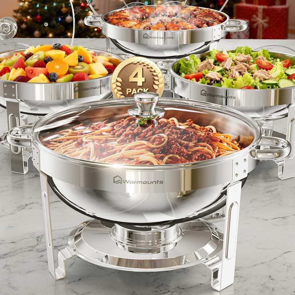 WARMOUNTS 5QT Round Chafing Dishes for Buffet with Glass Lid 4 Pack