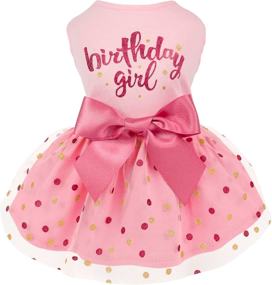 Fitwarm Birthday Girl Dog Tulle Dress, Dog Clothes for Small Dogs Girl, Cat Apparel, Pink, Medium