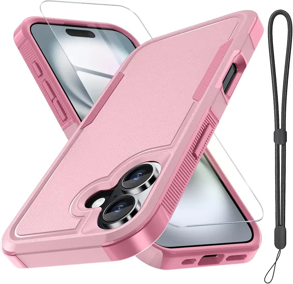 Case for iPhone 17 Phone Cover with Screen Protector,Military Grade Heavy Duty Shockproof PhoneCase with Wrist Lanyard Strap,2025 Cute Pink