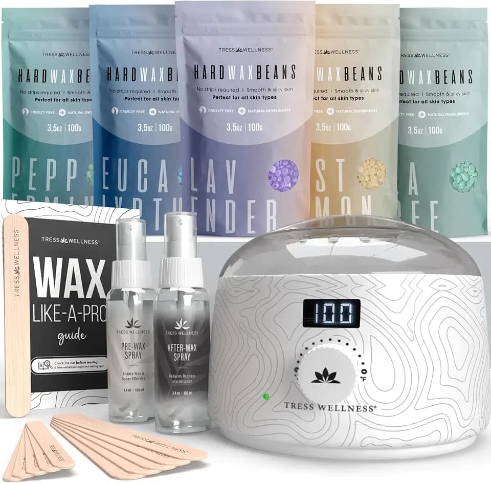 Tress Wellness Award Winning Waxing Kit for Sensitive Skin – Safe for Face & Skin, Easy to Use – At-Home Kit for Face, Bikini, Brazilian & Full Body - Digital Display, Black & White