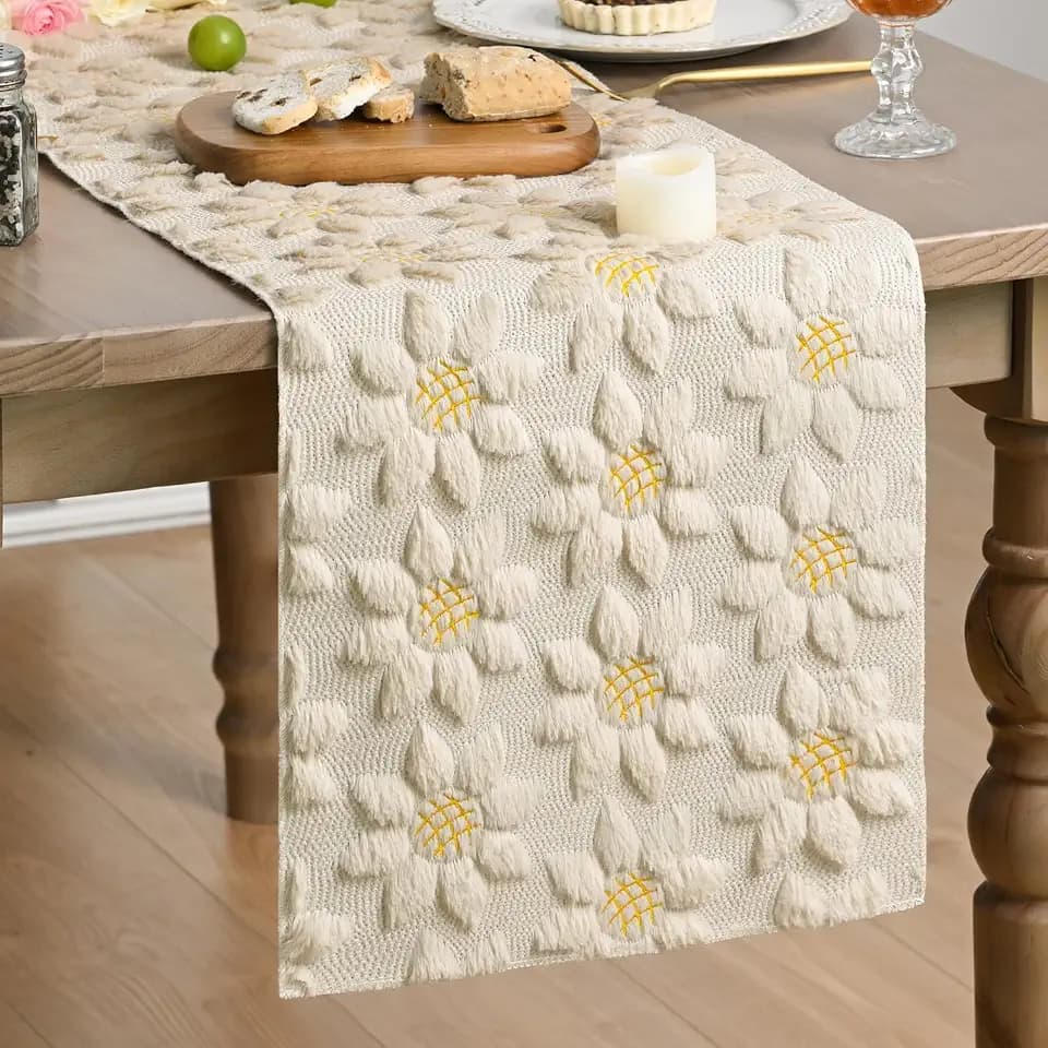 Artoid Mode Beige Soft Plush Faux Fur Jacquard Embroidery Sunflower Spring Table Runner, Kitchen Dining Table Decoration for Home Party Decor 13x90 Inch