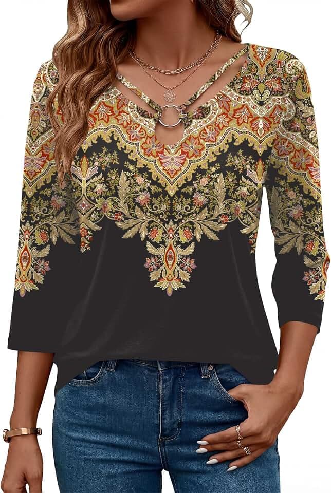 Rapbin 3/4 Length Sleeve Womens Tops Summer Cut Out Ring Keyhole Neck Dressy Casual Crew Neck Tee Shirts 2026