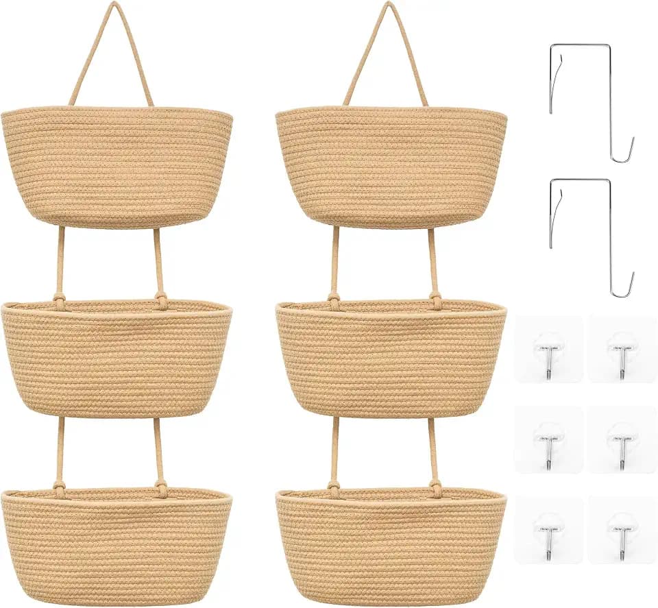 3-Tier Over the Door Hanging Basket (Set of 2) Adjustable, Detachable Woven Storage Baskets with Wall and Door Hooks - Decorative Boho Organizer for Nursery, Playroom, Bedroom, Kitchen, Apartment