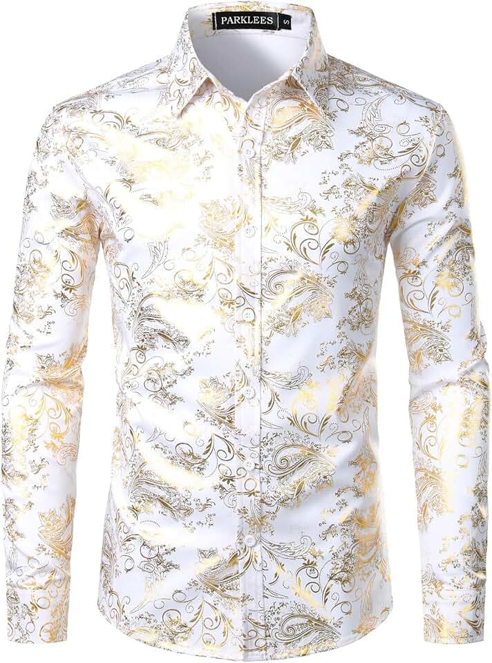 PARKLEES Herren Luxus Paisley Gemustert Golden Glänzend Slim Fit Freizeithemd