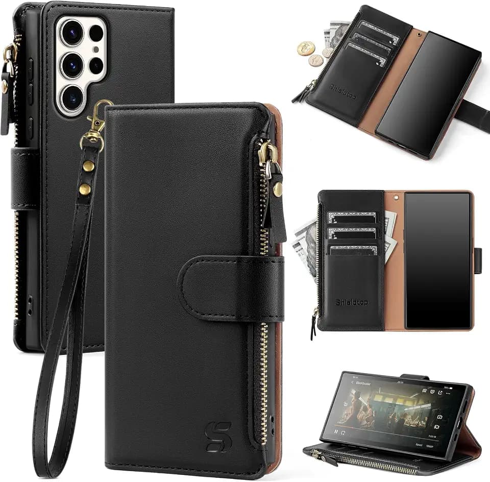Shieldtop Compatible with Samsung Galaxy S25 Ultra Wallet Case with Card Holder,Women Men RFID Blocking PU Leather Flip Cover Wrist Strap Zipper Credit Card Slots,Phone Case for S25 Ultra,Black