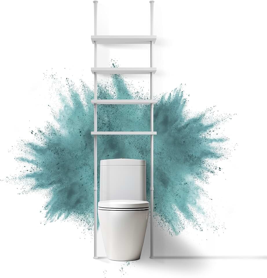 Badregal Erica, Teleskopregal für Bad, Vier Weiße Regalflächen, Bad Regal Metall, Regal über Toilette, Ausziehbare Stange mit Spielraum 210-270 cm, PVC-freier Kunststoffbeschichtung, 100% Rostfreien.