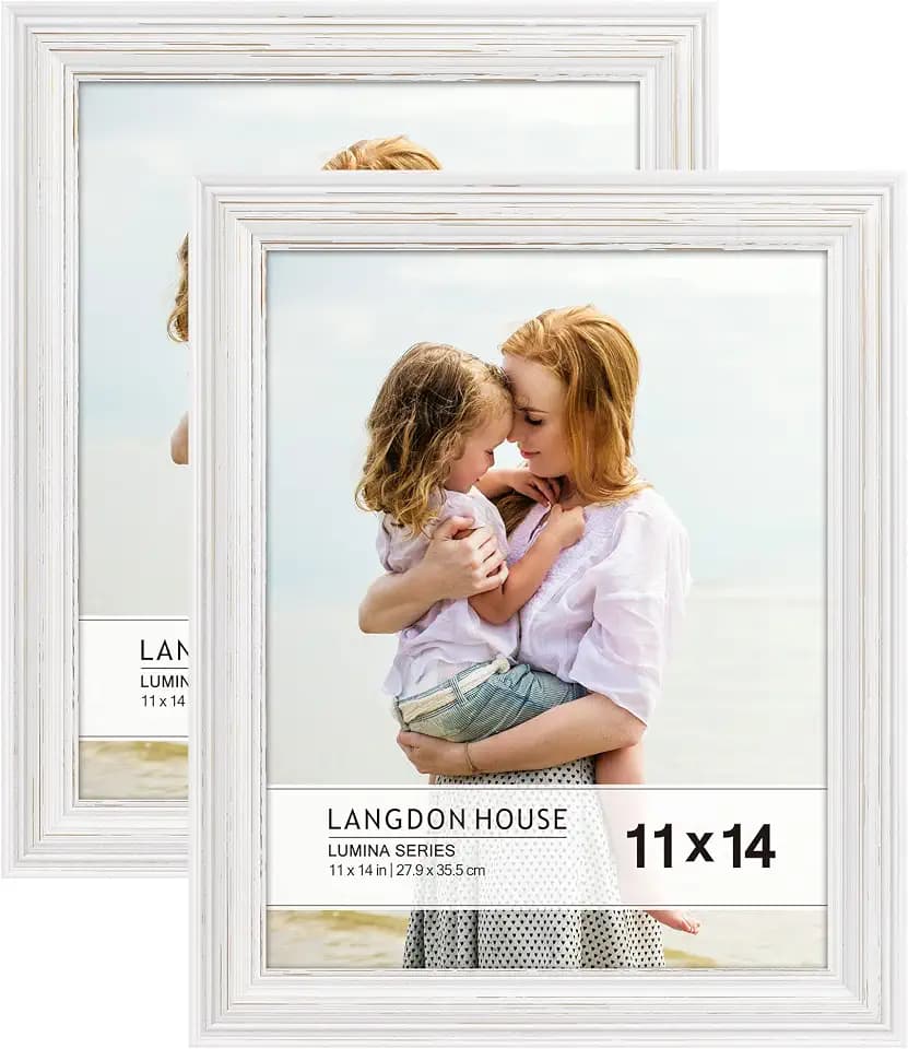 Langdon House 11x14 Real Wood Picture Frames (2 Pack, Weathered White - Gold Accents), White Wooden Photo Frame 11 x 14, Wall Mount or Table Top, Lumina Collection