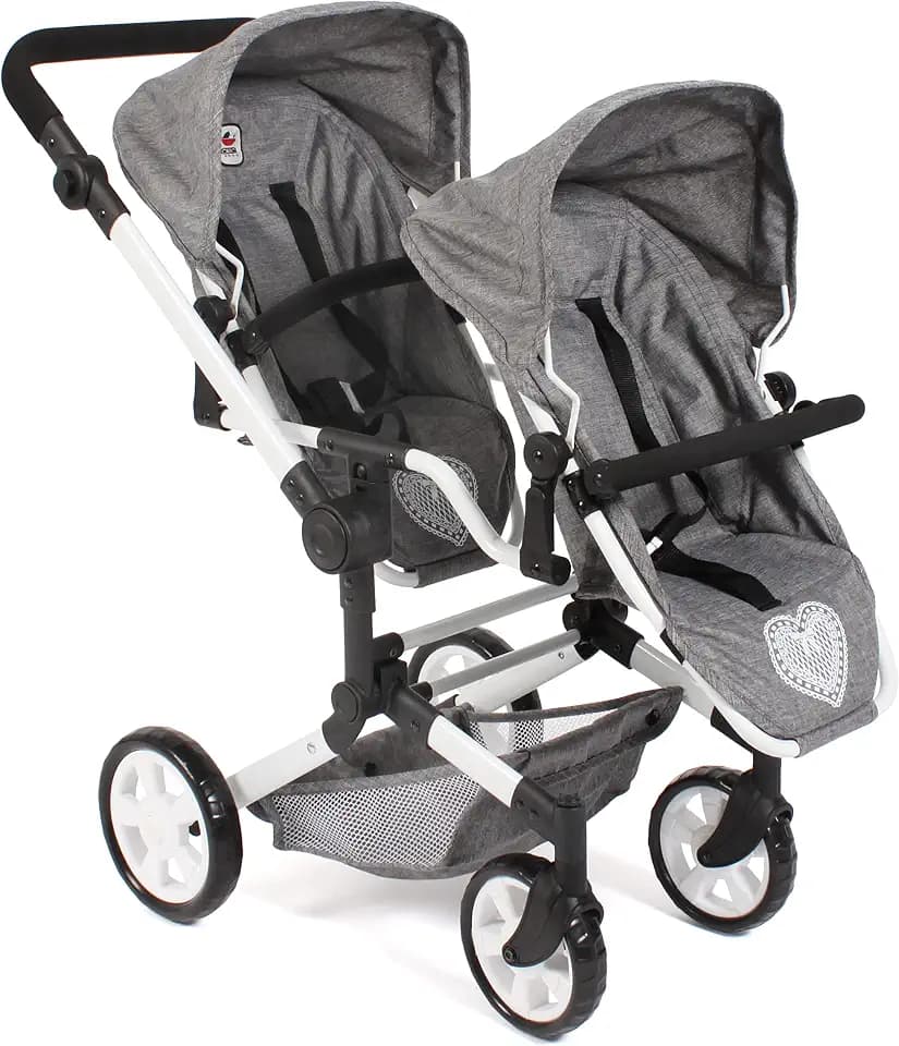 Bayer Chic 2000 - Puppenwagen Linus Duo, Zwillingspuppenwagen für Kinder von 4 bis 8 Jahren, Jeans grau, 690-76, 82x41.5x79 cm