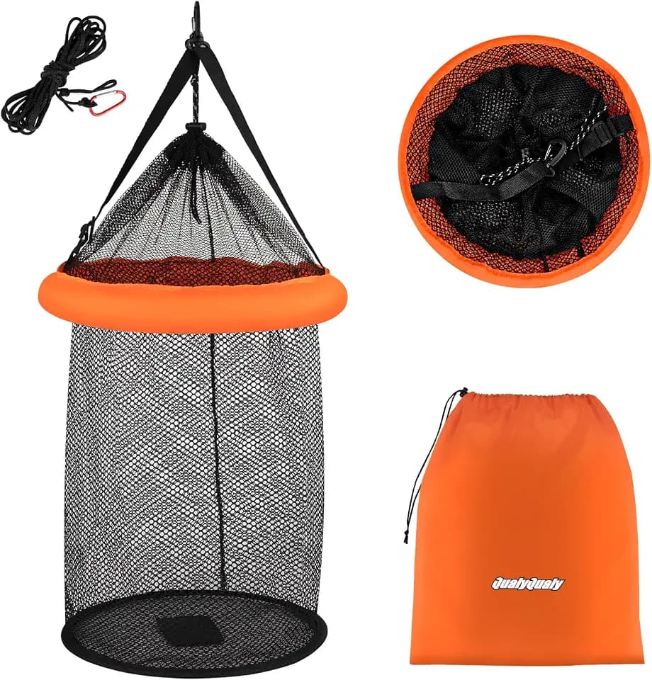QualyQualy Floating Fish Basket for Live Caught, 10/15 Gallons Foldable Fishing Holder Minnow Bucket Portable Collapsible Fishing Net Storage Cage for Live Fish Bait Live Well