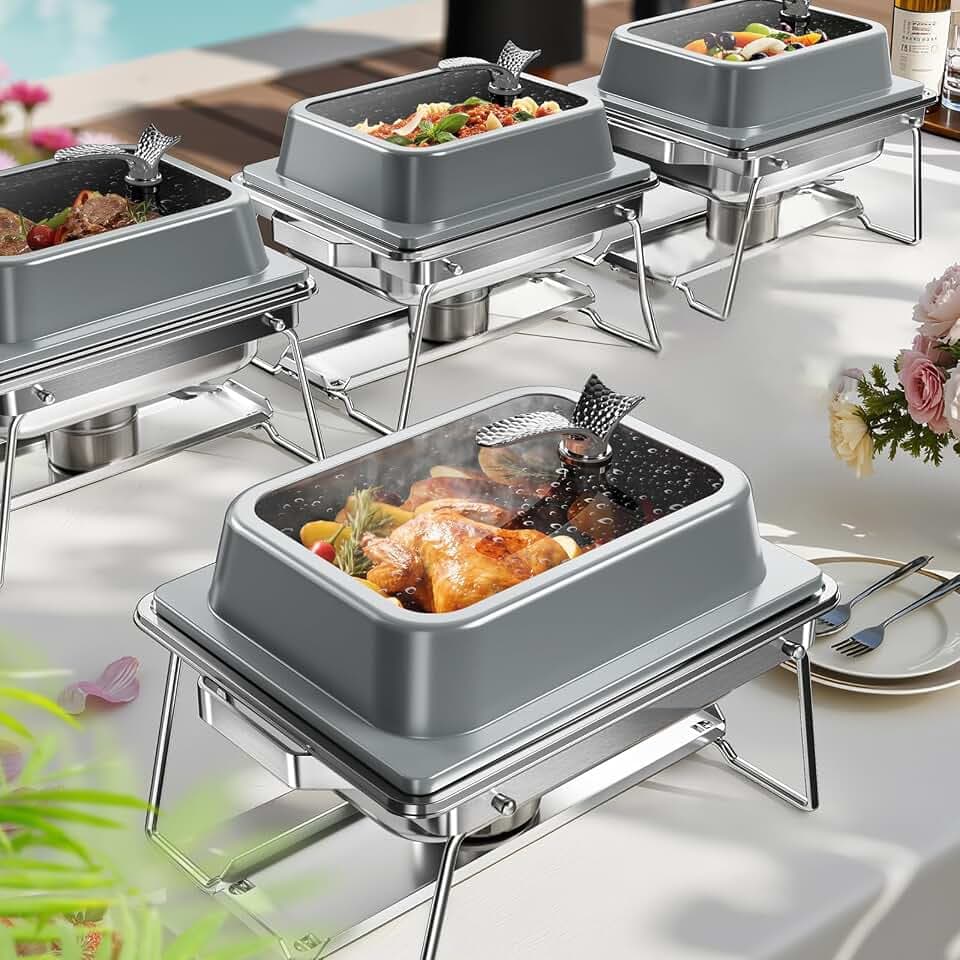 KScocina Chafing Dishes for Buffet, 4 Pack 5QT Square Stainless Steel Chafing Dish Set, Complete Buffet Warmer for Home Parties, Christmas & Catering Events (Grey)