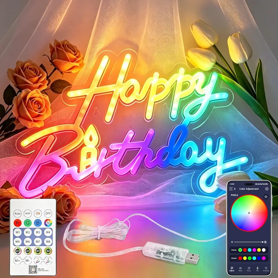 Happy Birthday RGB+IC Neon Sign with APP & Remote, Colorful LED Light Up Sign with Timer/Running/Marquee/Music Mode, USB Wall Party Backdrop Dreamy Changing color Decoration, Compatible with Smart Control,Any Ages Celebration
