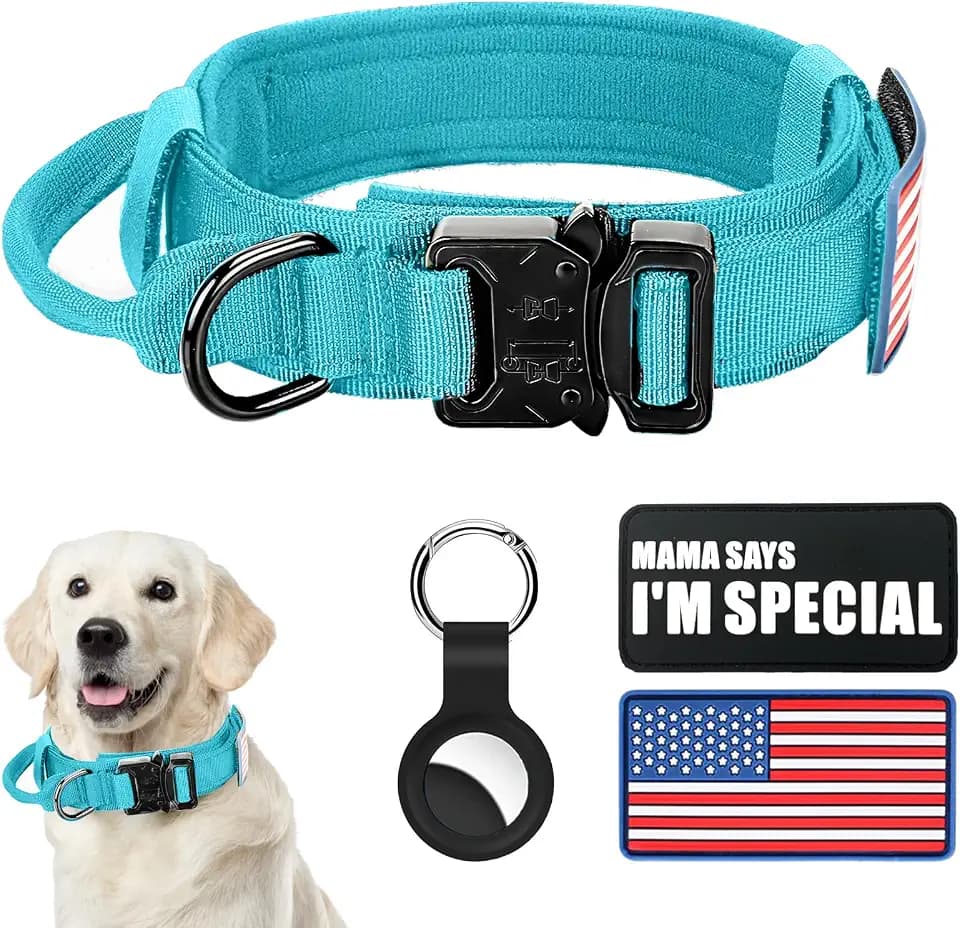 Celifelight Tactical Dog Collar Military Dog Collar Adjustable Nylon Dog Collar Heavy Duty Metal Buckle with Handle for Dog Training,with Patches(Light Blue 1, M), Medium