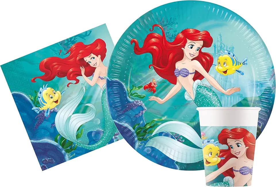 Ciao - Partygeschirr Party-Set Disney Princess Ariel Little Mermaid la Sirenetta für 24 Personen (88 pcs: 24 Pappteller Ø23cm, 24 Pappteller Ø20cm, 24 Becher 200ml, 40 Servietten 33x33cm)