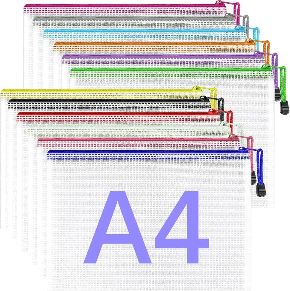 12 Stück A4 Kunststoffhüllen mit Reißverschluss, transparente Kunststoffhüllen mit Reißverschluss, für Dokumente, geeignet für Schule, Büro, Reisen, Zuhause, alle Arten von