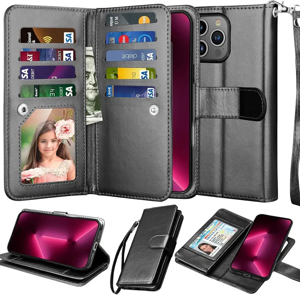 NJJEX Compatible with iPhone 16 Pro Max Wallet Case, 9 Card Slots Black