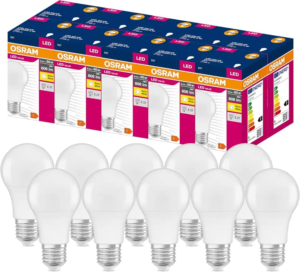 OSRAM LED Aktions Lampe mit E27 Sockel, Warmweiss (2700K), 8,50W, Ersatz für 60W-Glühbirne, matt Value Classic A, 10er-Pack, [Unit Count]