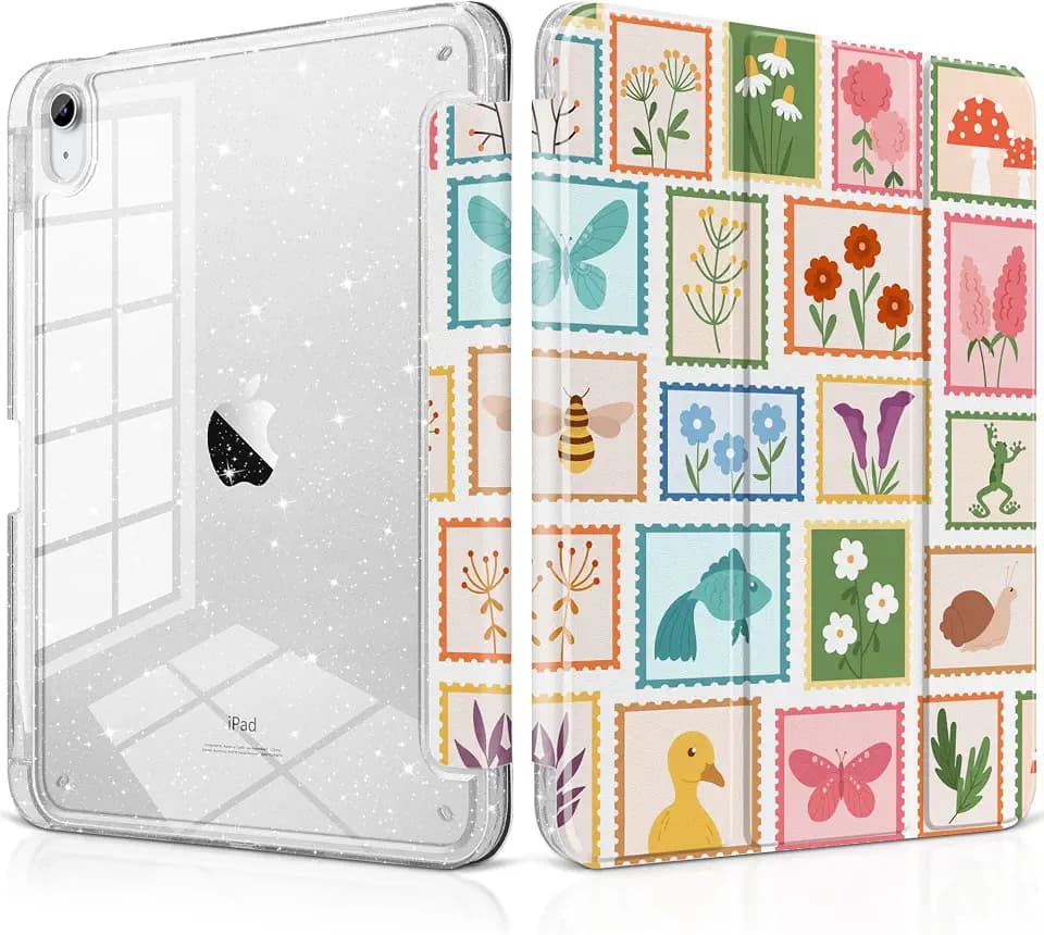 MEEgoodo Case for iPad A16 11th Generation 2025/10th Generation 2022, Glitter Tablet Cases with Transparent Acrylic Back+Trifold Stand +Pencil Holder+Auto Wake/Sleep,Post Stamps with Natura