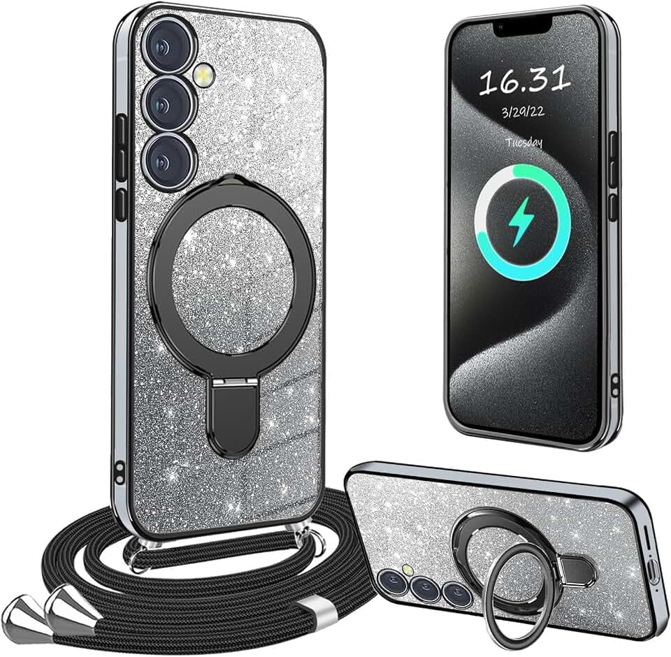 HandyHülle für Samsung Galaxy A55 5G Hülle mit Band,[Mit Abnehmbarem Standfuß] Transparente Silikon Stoßfest Handykette Schutzhülle Ring Ständer Case mit Kette für Samsung Galaxy A55 5G-Schwarz