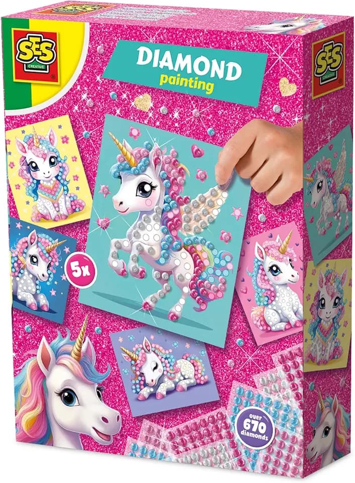 SES Creative 14726 Einhorn - Diamantmalerei - Kreatives Bastelset für Kinder ab 3 Jahren - Dekoriere Karten mit Diamantstickern - Perfekt zum Verschenken, Rosa