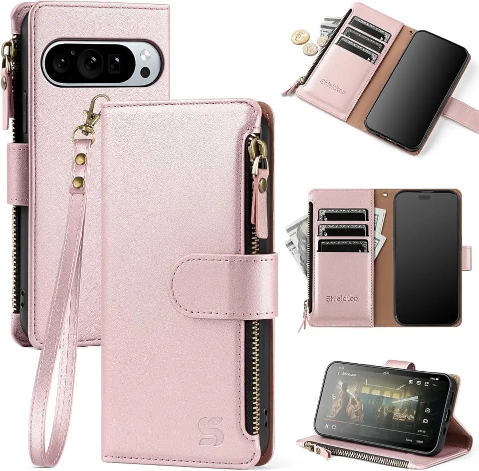Shieldtop Compatible with Google Pixel 10 5G Wallet Case with Card Holder,Women Men RFID Blocking PU Leather Flip Cover Wrist Strap Zipper Credit Card Slots,Phone Case for Pixel 10 Pro 6.3",Rose Gold