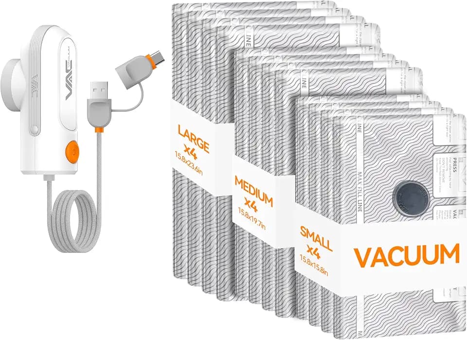 vakuumpumpe mit USB- und Type-C-Pumpe,12-teilige vakuumbeutel für kleidung mit pumpe für Gepäck,starke -58KPa Saugkraft,für Reise- und Haushaltskleidung sowie Decken(Grau)