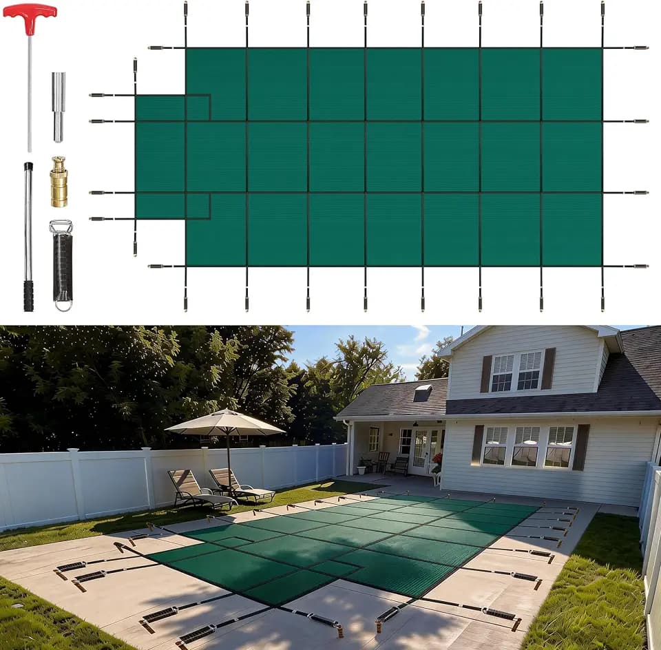 VEVOR Pool Safety Cover, Fits 16x32ft Rectangular Inground Winter Swimming Pools, with 4x8ft Center End Step, Triple Stitched, High Strength Mesh PP, Great Rain Permeability, Installation Hardware