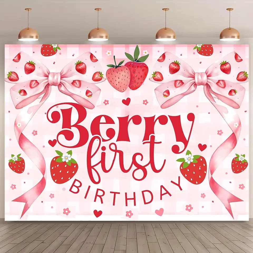 Berry First Birthday Decor Strawberry 1st Birthday Decorations for Girls ，Strawberry 1st Birthday Sweet One Party Supplies, Baby Girl First Bday Decor Backdrop。