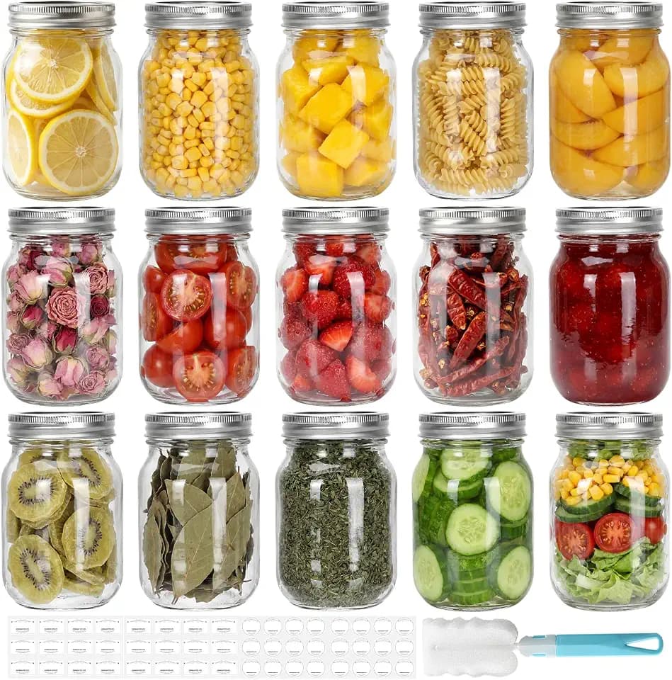DHSBTLS 16 oz Clear Glass Mason Jars with Silver Split Metal Lids, 15 Pack