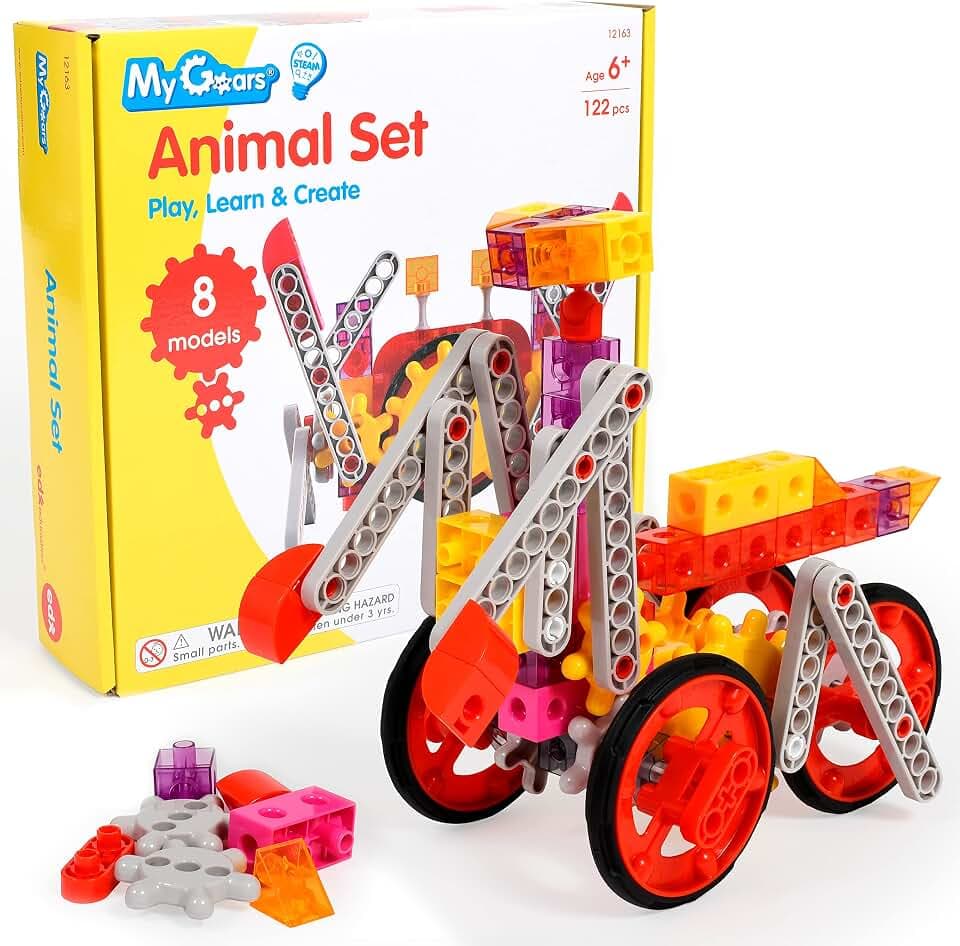 edxeducation Zahnrad Tier-Set - 122 Teile - 8+ Aktivitäten - Zahnrad Spielzeug für Kinder - Bauen Sie rotierende, bewegliche Modelle - Bauspielzeug für Kinder von 4-8 Jahren