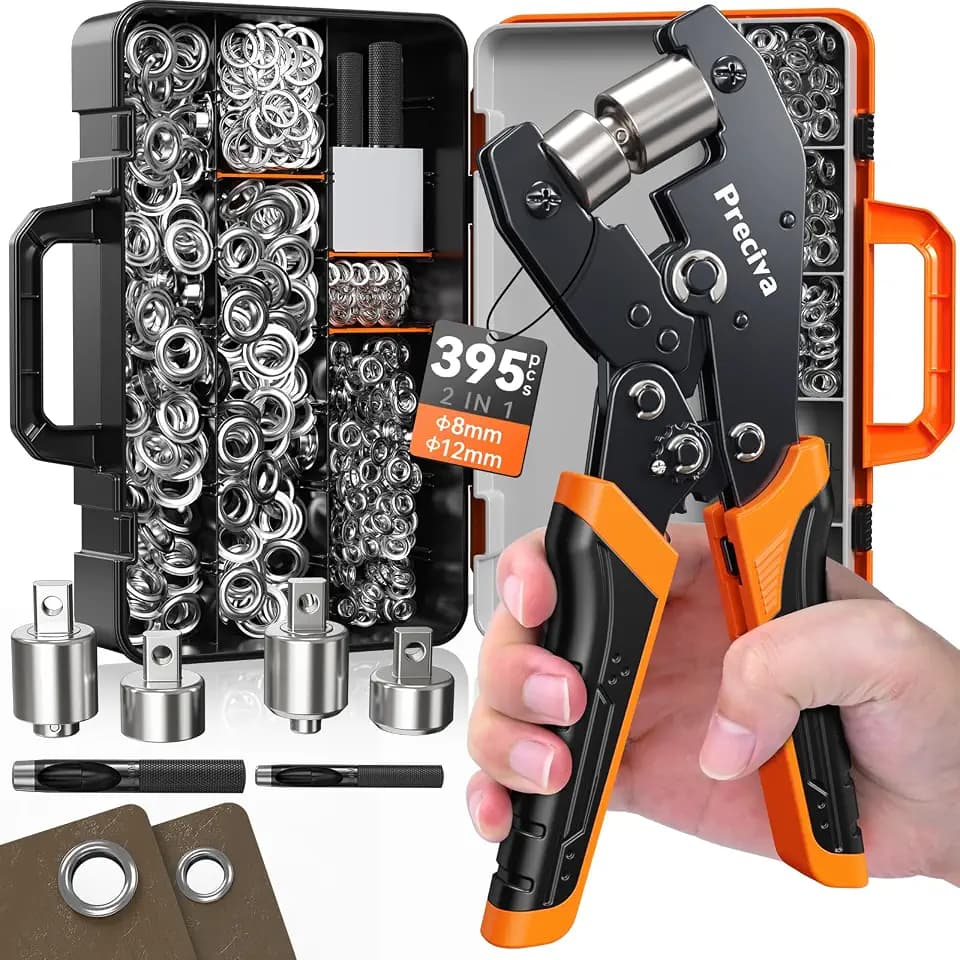 Preciva Ösenzange Set mit 2 wechselbaren Köpfen 8/12 mm, 395 Ösen in Silber – inkl. Ratsche, Durchschläge & Aufbewahrungsbox für Plane, PVC, Leder, Karton