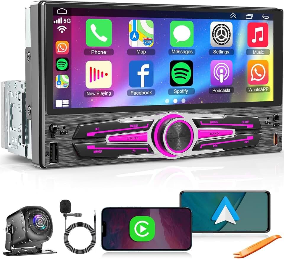 Single Din Autoradio mit kabellosem CarPlay & Android Auto, 6,8" HD IPS Touchscreen, Sprachsteuerung, Bluetooth 5.2, FM/AM EQ DSP, GPS, Rückfahrkamera, SWC, USB Typ-C Subwoofer