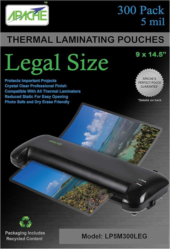 Apache Legal Size Laminating Sheets 8.5" x 14" (9x14.5"), 5 mil, 300 Pack