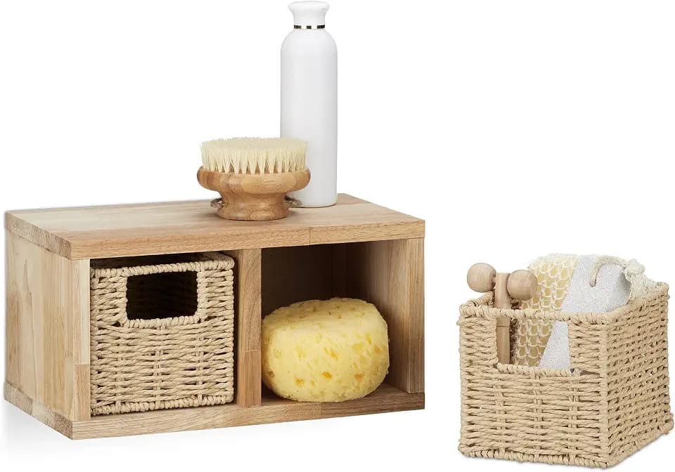 Relaxdays Wandregal Walnuss 2 herausnehmbare Körbe, natürliches Design, zur Wandmontage, natur