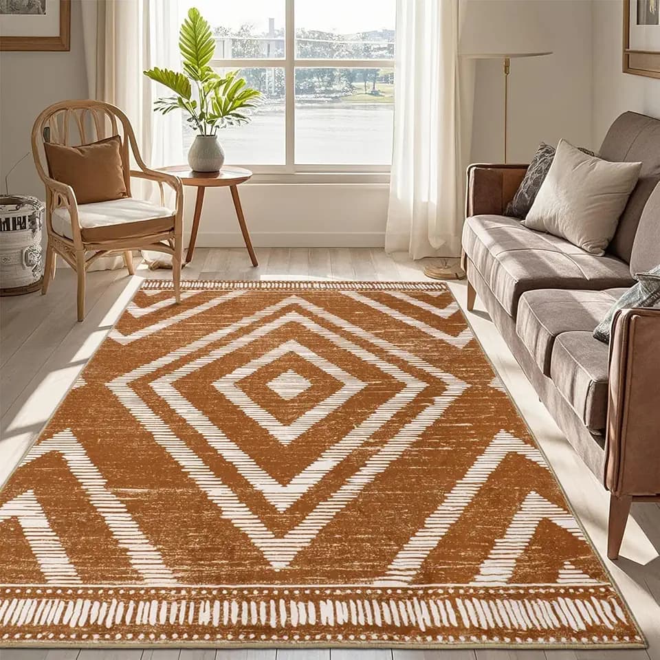 Boho Area Rugs 4x6ft Non Slip, Brown Washable Rug for Living Room, Soft Bedroom Carpet, Low Pile Moroccan Area Floor Carpets for Dining Room Kids Nursery Farmhouse