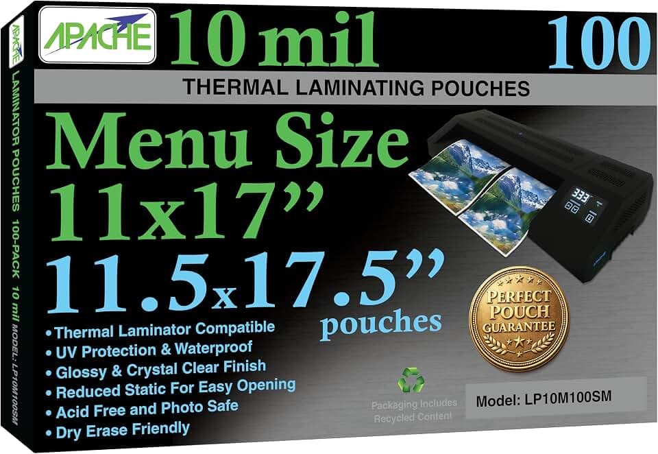 Apache 11x17 Laminating Sheets, 100 Pack, 10mil, Thermal Laminating Pouches