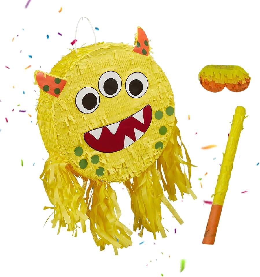 Relaxdays Pinata Monster, mit Stab & Maske, Partypinata Kinder, Geburtstag, zum Befüllen, HxBxT: 35 x 34 x 9 cm, gelb