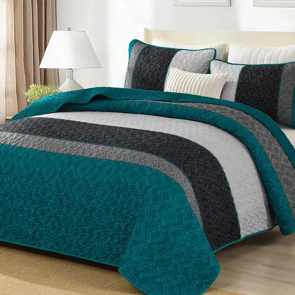 Cottolester Boho Quilt Set Queen,Striped Plaid Bedspreads Set,Peacock Blue