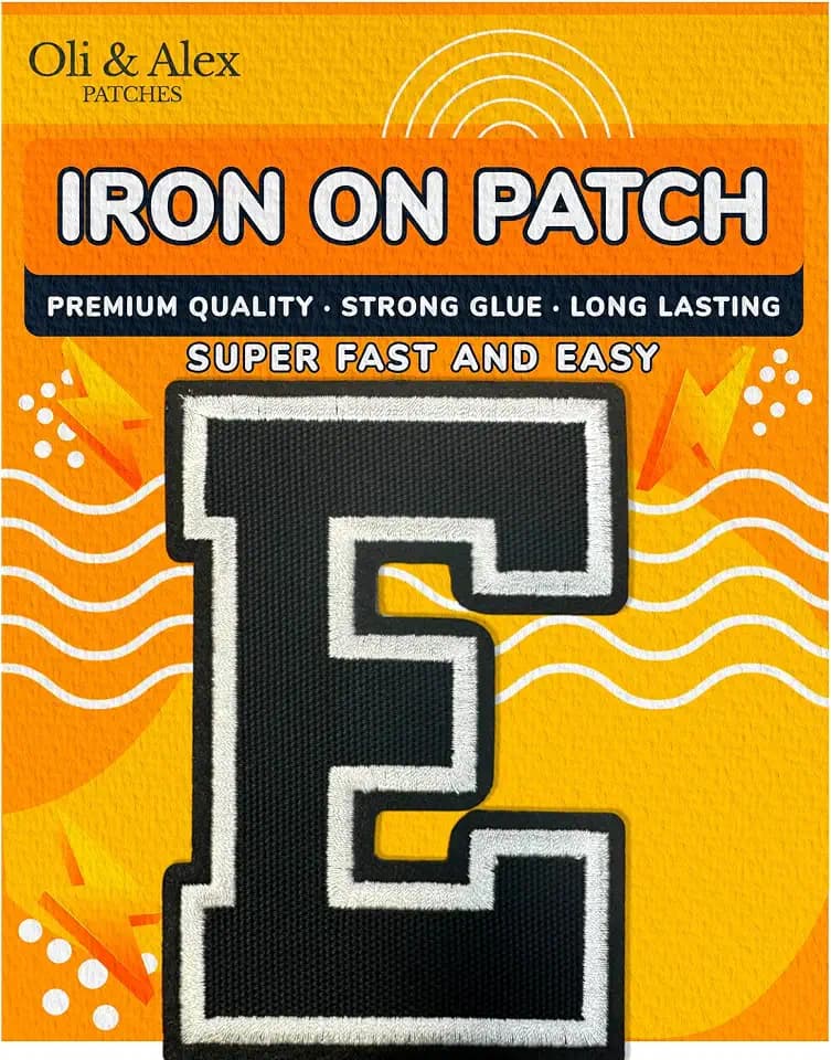 Iron On Letters Patches Premium Quality - Black E Letter Adhesive for Clothing - Varsity Patch for Clothes - Embroidered Letters 4 1/2 Patches for Jersey Jackets - Sew-Free Appliques Easy Iron-on