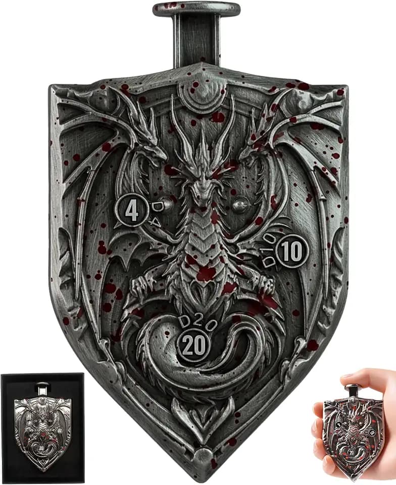 Mechanical Spinner Dice with Button-Activated Roulette Dice | 7-in-1 Shield Design Metal DND Dice Set for Tabletop RPG, D&D Gift for Gamers & DM (Dragon Emblem Shield Blood)