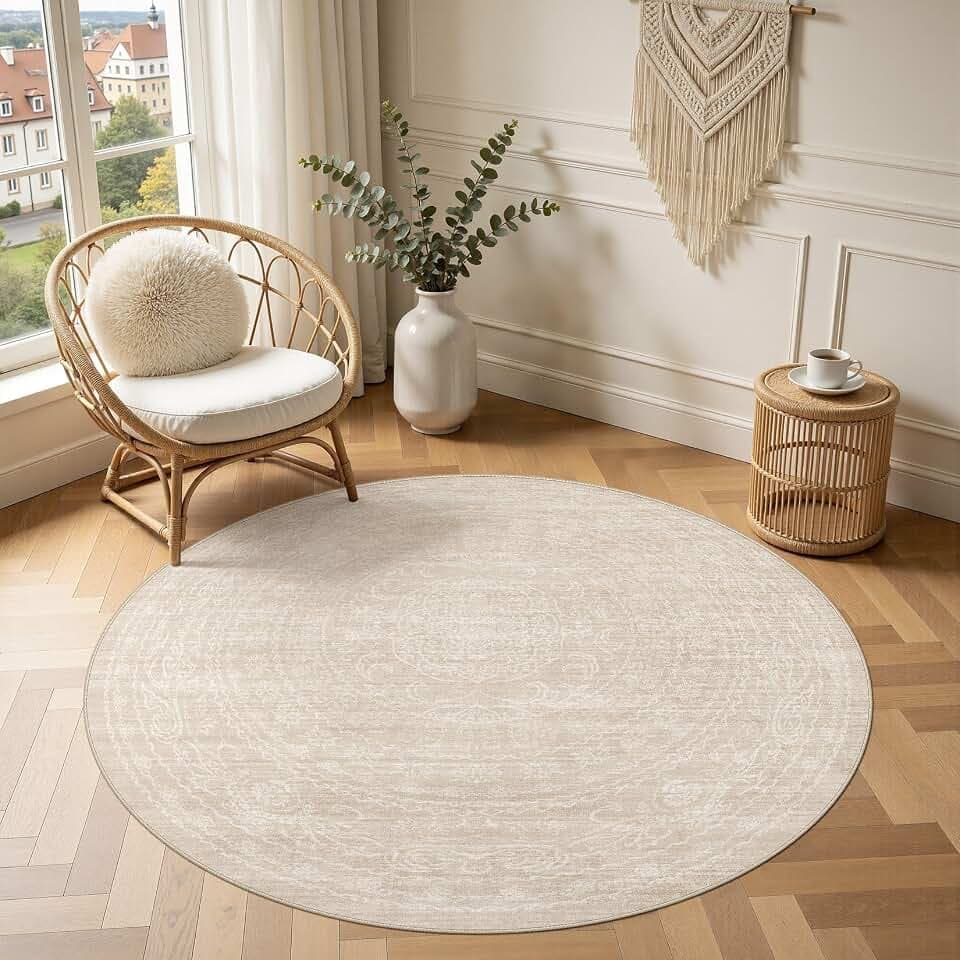 DMOYEST Teppich Rund 150 cm Beige Vintage Waschbar
