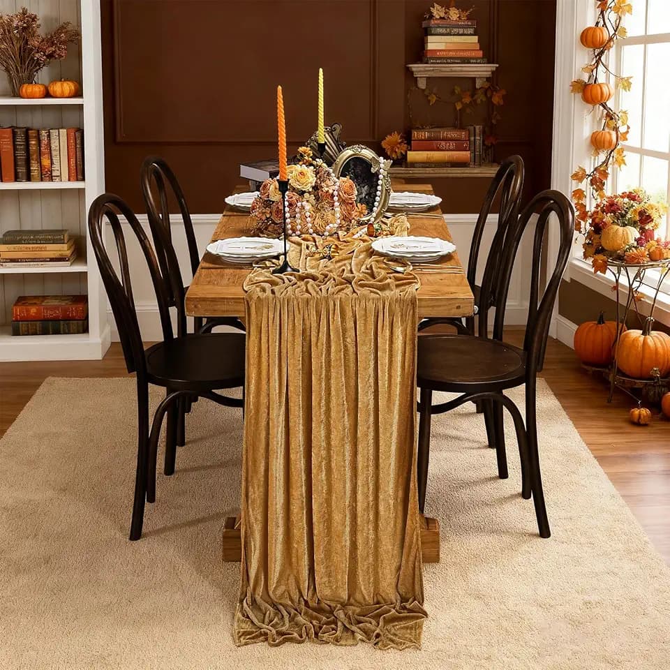 Gold Velvet Table Runner 10ft Extra Long Luxury Fall Thanksgiving Runners