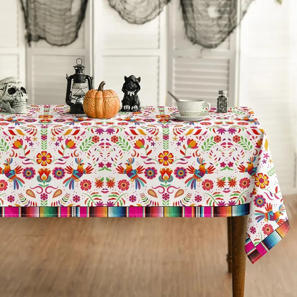 Horaldaily Mexico Tablecloth 60x104 Inch Rectangular, Halloween Cinco Dia De Los Muertos Design White Stripes Seasonal Table Cover for Party Picnic Dinner Decor